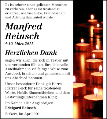 Traueranzeige von Manfred Reinsch von Odenwälder Echo