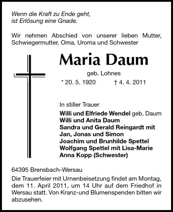 Traueranzeige von Marie Daum von Echo-Zeitungen (Gesamtausgabe)