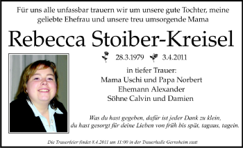 Traueranzeige von Rebecca Stoiber-Kreissel von Rüsselsheimer Echo, Groß-Gerauer-Echo, Ried Echo