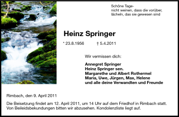 Traueranzeige von Heinz Springer von Starkenburger Echo