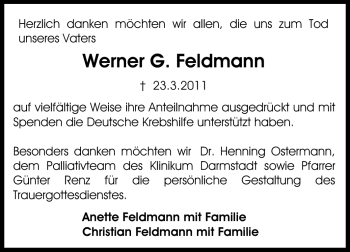 Traueranzeige von Werner G. Feldmann von Echo-Zeitungen (Gesamtausgabe)