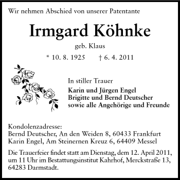 Traueranzeige von Irmgard Köhnke von Darmstädter Echo, Odenwälder Echo, Rüsselsheimer Echo, Groß-Gerauer-Echo, Ried Echo