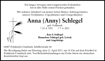 Traueranzeige von Anna Schegel von Echo-Zeitungen (Gesamtausgabe)