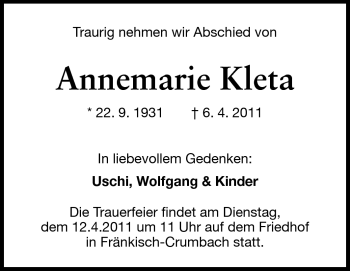 Traueranzeige von Annemarie Kleta von Odenwälder Echo