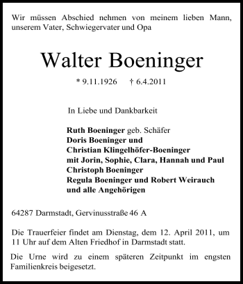 Traueranzeige von Walter Boeninger von Echo-Zeitungen (Gesamtausgabe)