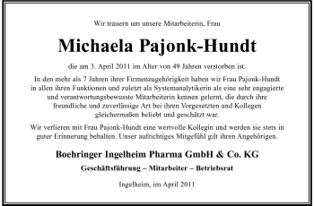 Traueranzeige von Michaela Pajonk-Hundt von Echo-Zeitungen (Gesamtausgabe)