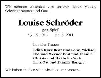 Traueranzeige von Luise Schröder von Darmstädter Echo, Odenwälder Echo, Rüsselsheimer Echo, Groß-Gerauer-Echo, Ried Echo