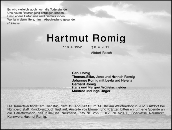Traueranzeige von Hartmut Romig von Odenwälder Echo