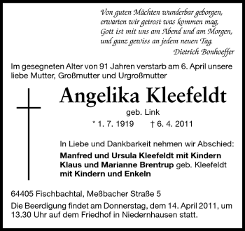 Traueranzeige von Angelika Kleefeldt von Echo-Zeitungen (Gesamtausgabe)