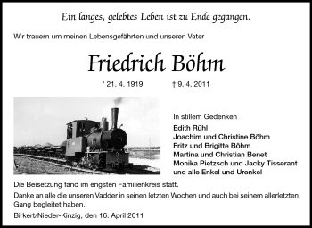 Traueranzeige von Friedrich Böhm von Echo-Zeitungen (Gesamtausgabe)