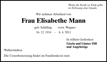 Traueranzeige von Elisabethe Mann von Rüsselsheimer Echo, Groß-Gerauer-Echo, Ried Echo