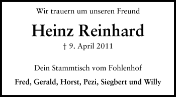 Traueranzeige von Heinz Reinhard von Darmstädter Echo, Odenwälder Echo, Rüsselsheimer Echo, Groß-Gerauer-Echo, Ried Echo