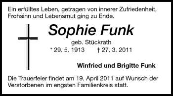 Traueranzeige von Sophie Funk von Darmstädter Echo, Odenwälder Echo, Rüsselsheimer Echo, Groß-Gerauer-Echo, Ried Echo