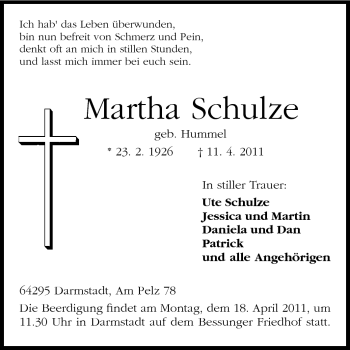 Traueranzeige von Martha Schulze von Darmstädter Echo, Odenwälder Echo, Rüsselsheimer Echo, Groß-Gerauer-Echo, Ried Echo