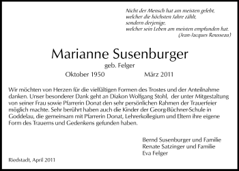 Traueranzeige von Marianne Susenburger von Rüsselsheimer Echo, Groß-Gerauer-Echo, Ried Echo
