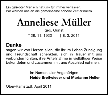 Traueranzeige von Anneliese Müller von Echo-Zeitungen (Gesamtausgabe)
