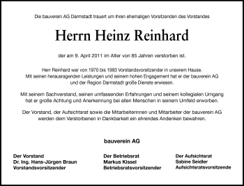 Traueranzeige von Heinz Reinhard von Echo-Zeitungen (Gesamtausgabe)