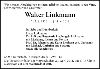 Traueranzeige von Walter Linkmann von Darmstädter Echo, Odenwälder Echo, Rüsselsheimer Echo, Groß-Gerauer-Echo, Ried Echo