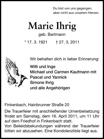 Traueranzeige von Marie Ihrig von Odenwälder Echo