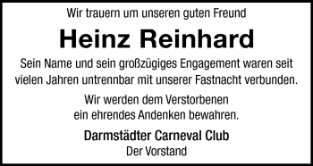 Traueranzeige von Heinz Reinhard von Echo-Zeitungen (Gesamtausgabe)