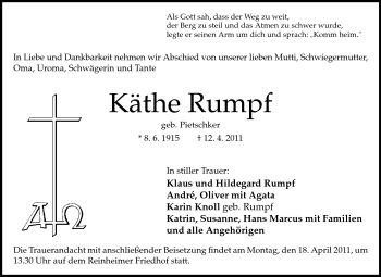 Traueranzeige von Käthe Rumpf von Darmstädter Echo, Odenwälder Echo, Rüsselsheimer Echo, Groß-Gerauer-Echo, Ried Echo