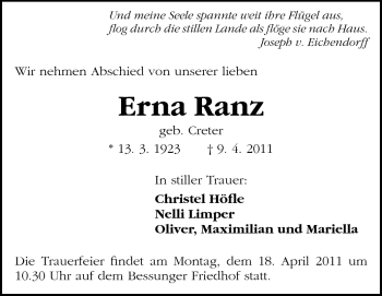 Traueranzeige von Erna Ranz von Darmstädter Echo, Odenwälder Echo, Rüsselsheimer Echo, Groß-Gerauer-Echo, Ried Echo