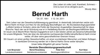 Traueranzeige von Bernd Harth von Echo-Zeitungen (Gesamtausgabe)