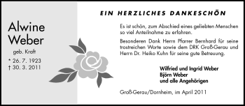 Traueranzeige von Alwine Weber von Rüsselsheimer Echo, Groß-Gerauer-Echo, Ried Echo