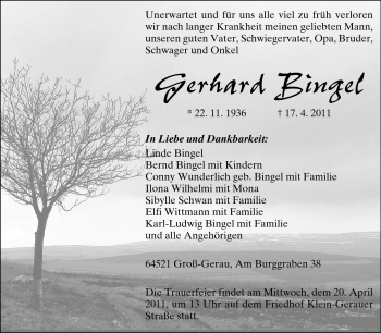 Traueranzeige von Gerhard Bingel von Rüsselsheimer Echo, Groß-Gerauer-Echo, Ried Echo