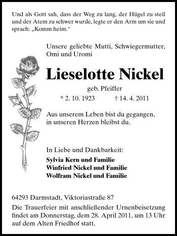 Traueranzeige von Lieselotte Nickel von Darmstädter Echo, Odenwälder Echo, Rüsselsheimer Echo, Groß-Gerauer-Echo, Ried Echo