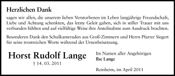 Traueranzeige von Horst Rudolf Lange von Echo-Zeitungen (Gesamtausgabe)