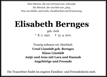 Traueranzeige von Elisabeth Bernges von Odenwälder Echo