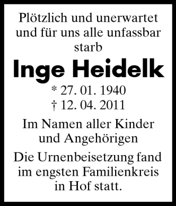 Traueranzeige von Inge Heidelk von Echo-Zeitungen (Gesamtausgabe)