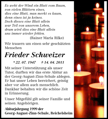 Traueranzeige von Frieder Schweizer von Odenwälder Echo