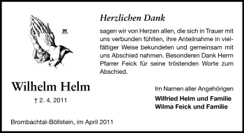 Traueranzeige von Wilhelm Helm von Echo-Zeitungen (Gesamtausgabe)