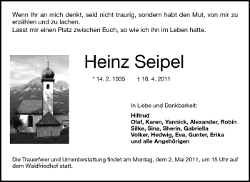 Traueranzeige von Heinz Seipel von Rüsselsheimer Echo, Groß-Gerauer-Echo, Ried Echo