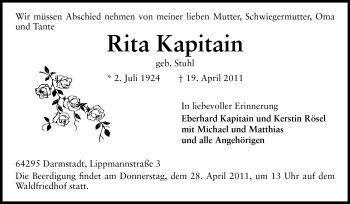 Traueranzeige von Rita Kapitain von Darmstädter Echo, Odenwälder Echo, Rüsselsheimer Echo, Groß-Gerauer-Echo, Ried Echo