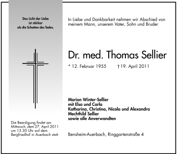Traueranzeige von Thomas Sellier von Echo-Zeitungen (Gesamtausgabe)