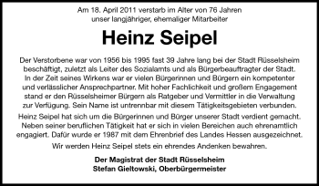 Traueranzeige von Heinz Seipel von Rüsselsheimer Echo, Groß-Gerauer-Echo, Ried Echo