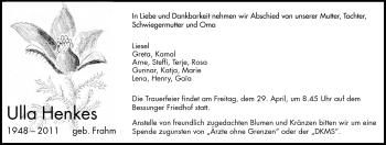 Traueranzeige von Ursula (Ulla) Henkes von Darmstädter Echo, Odenwälder Echo, Rüsselsheimer Echo, Groß-Gerauer-Echo, Ried Echo