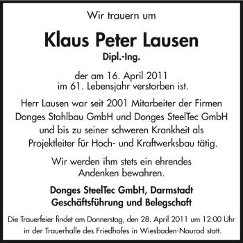 Traueranzeige von Klaus Peter Lausen von Echo-Zeitungen (Gesamtausgabe)