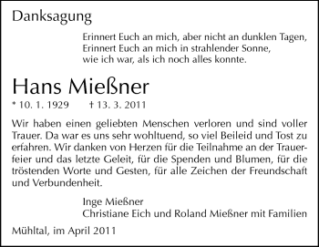 Traueranzeige von Hans Mießner von Echo-Zeitungen (Gesamtausgabe)