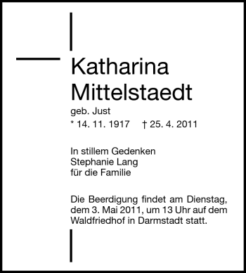 Traueranzeige von Katharina Mittelstaedt von Darmstädter Echo, Odenwälder Echo, Rüsselsheimer Echo, Groß-Gerauer-Echo, Ried Echo