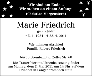 Traueranzeige von Marie Friedrich von Odenwälder Echo