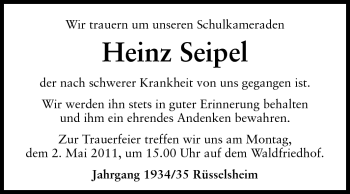 Traueranzeige von Heinz Seipel von Rüsselsheimer Echo, Groß-Gerauer-Echo, Ried Echo