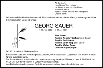 Traueranzeige von Georg Sauer von Odenwälder Echo