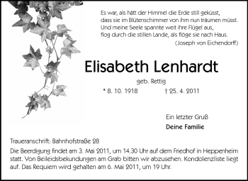 Traueranzeige von Elisabeth Lenhardt von Starkenburger Echo