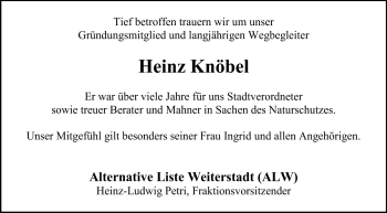 Traueranzeige von Heinz Knöbel von Echo-Zeitungen (Gesamtausgabe)