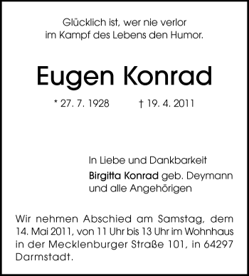 Traueranzeige von Eugen Konrad von Darmstädter Echo, Odenwälder Echo, Rüsselsheimer Echo, Groß-Gerauer-Echo, Ried Echo