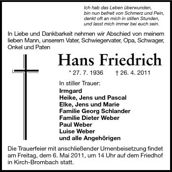 Traueranzeige von Hans Friedrich von Odenwälder Echo